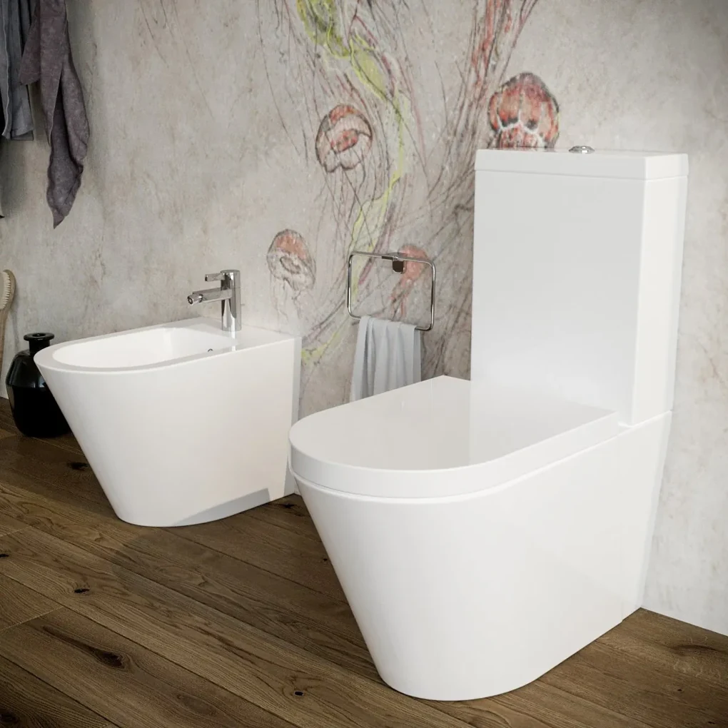 Bidet E Vaso Wc Monoblocco Arco Filo Muro In Ceramica Completo Di