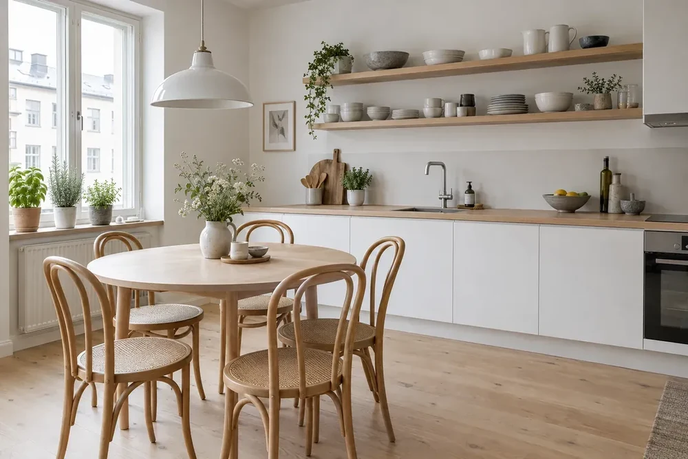 Cucina scandinava con ante bianche, mensole in rovere e tavolo rotondo con sedie in legno curvato