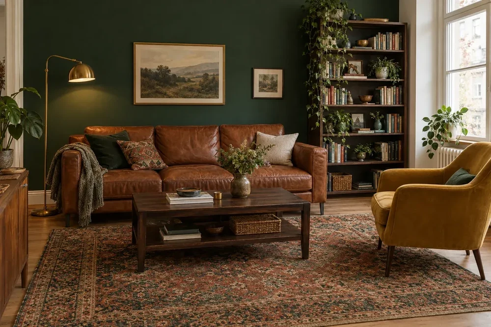 Soggiorno con parete verde bosco scuro, divano in pelle color cognac e poltrona senape