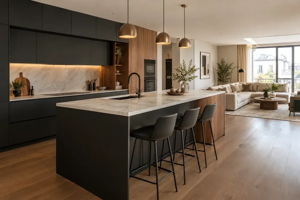Cucina scura opaca con grande isola, sgabelli alti e vista sul soggiorno