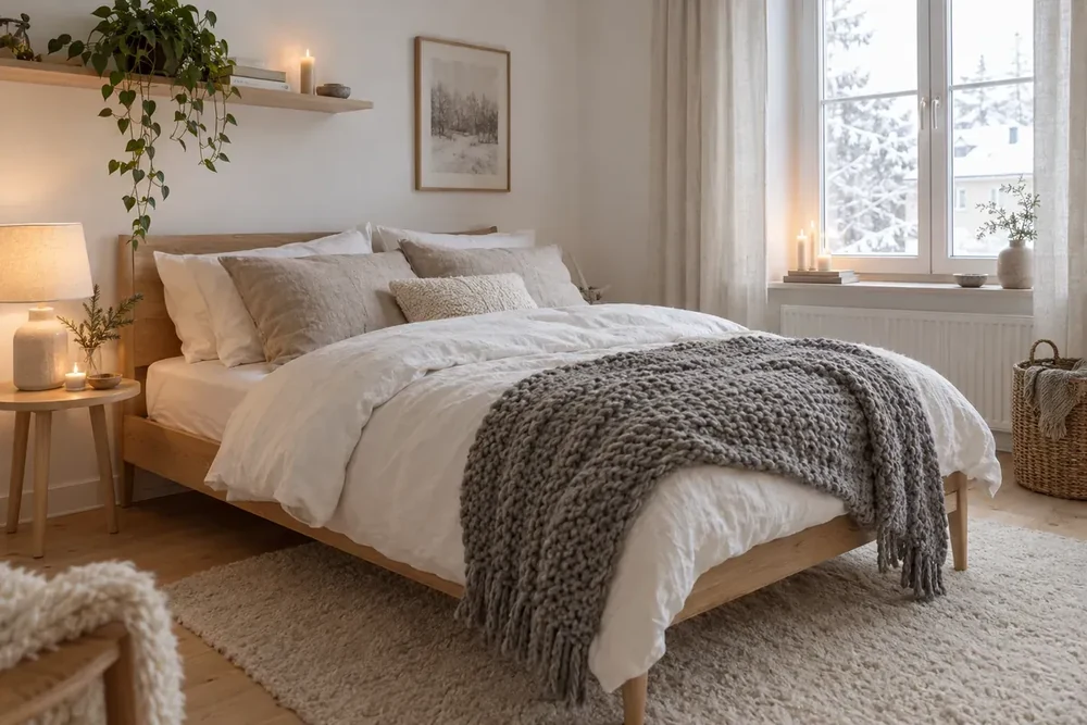 Camera da letto scandinava con letto in rovere, biancheria di lino, copriletto grigio a maglia e candele