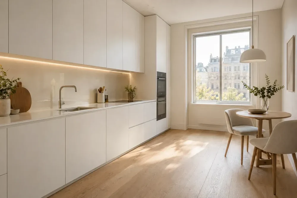 Cucina bianca senza maniglie con striscia LED sotto i pensili e piccolo tavolo da pranzo vicino alla finestra
