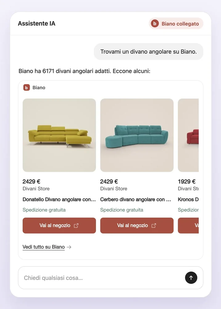 Biano nell’assistente IA: schede di divani angolari con prezzo, negozio e pulsante per il negozio