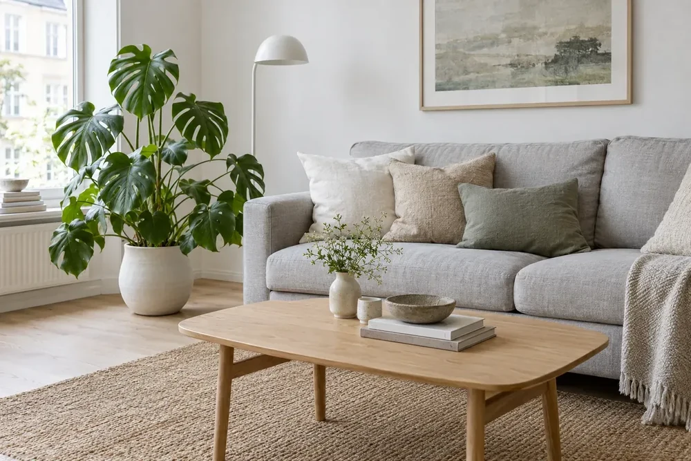 Soggiorno scandinavo con divano grigio chiaro, tavolino in rovere, tappeto in iuta e monstera