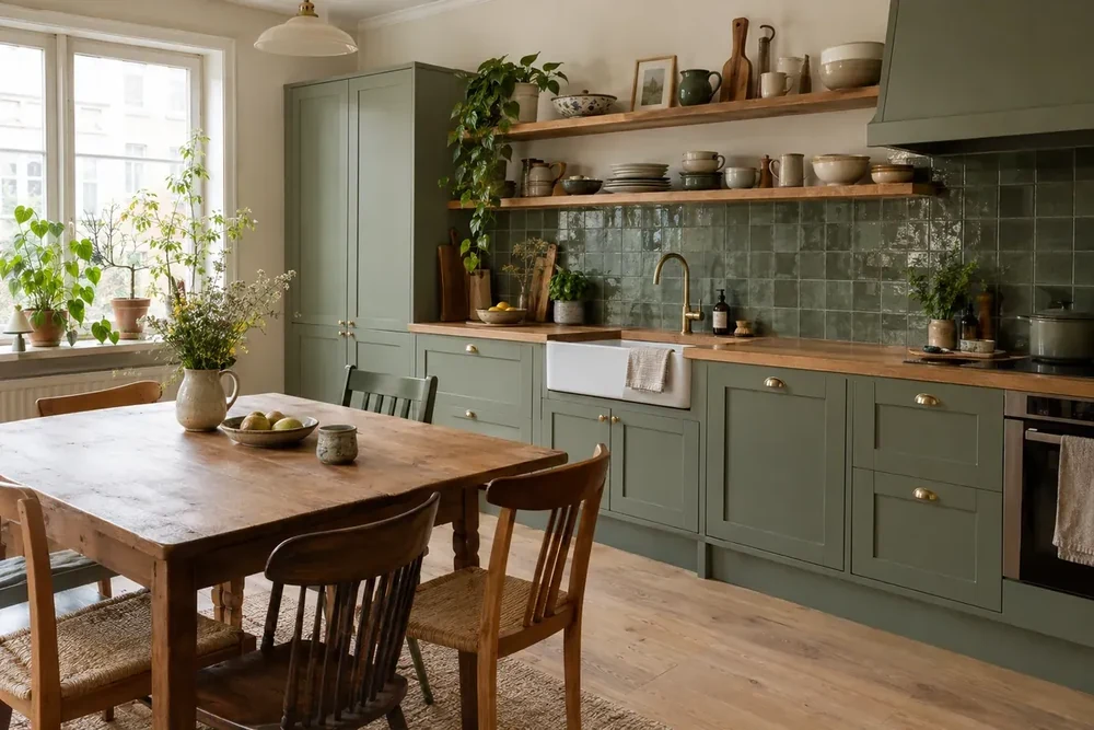 Cucina verde salvia con piano di lavoro in rovere, mensole a giorno e tavolo da pranzo in legno