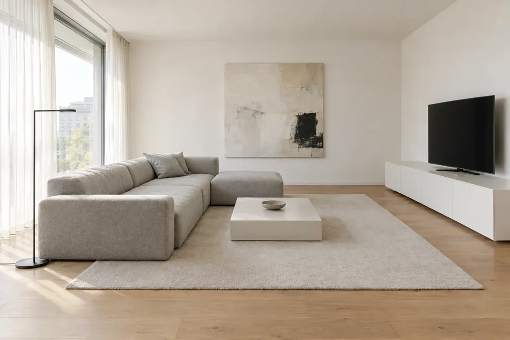 Interno minimalista con divano componibile grigio, pareti bianche e mobile porta TV