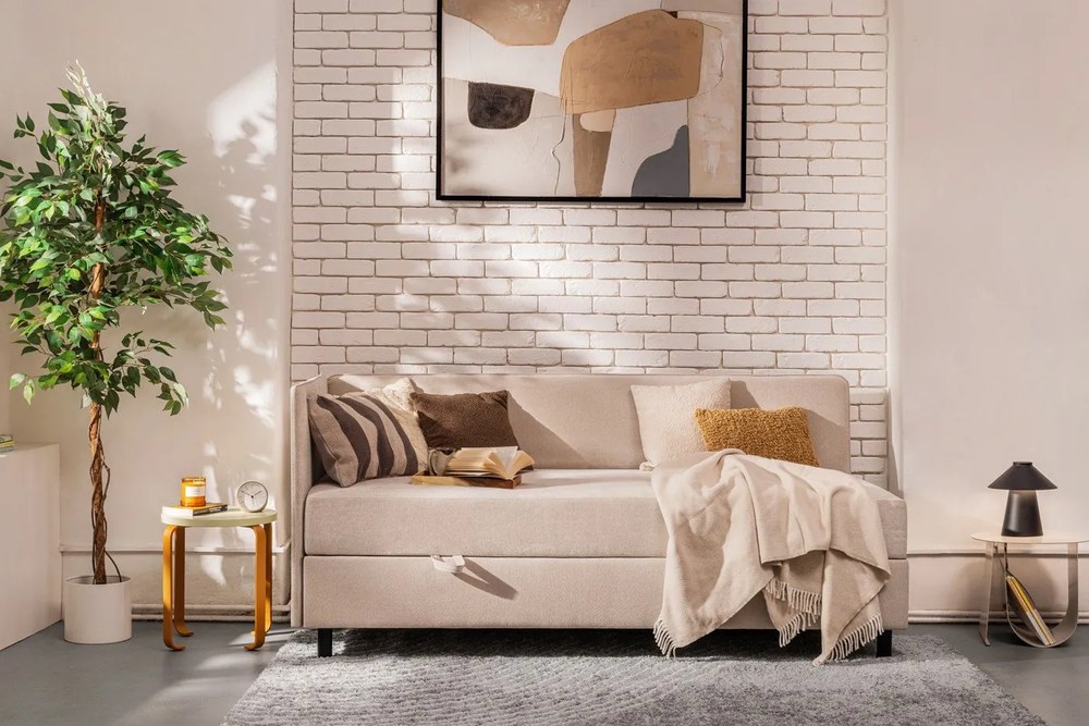 Letto singolo imbottito beige con contenitore con materasso incluso 90x200 cm Avela – Bonami Selection