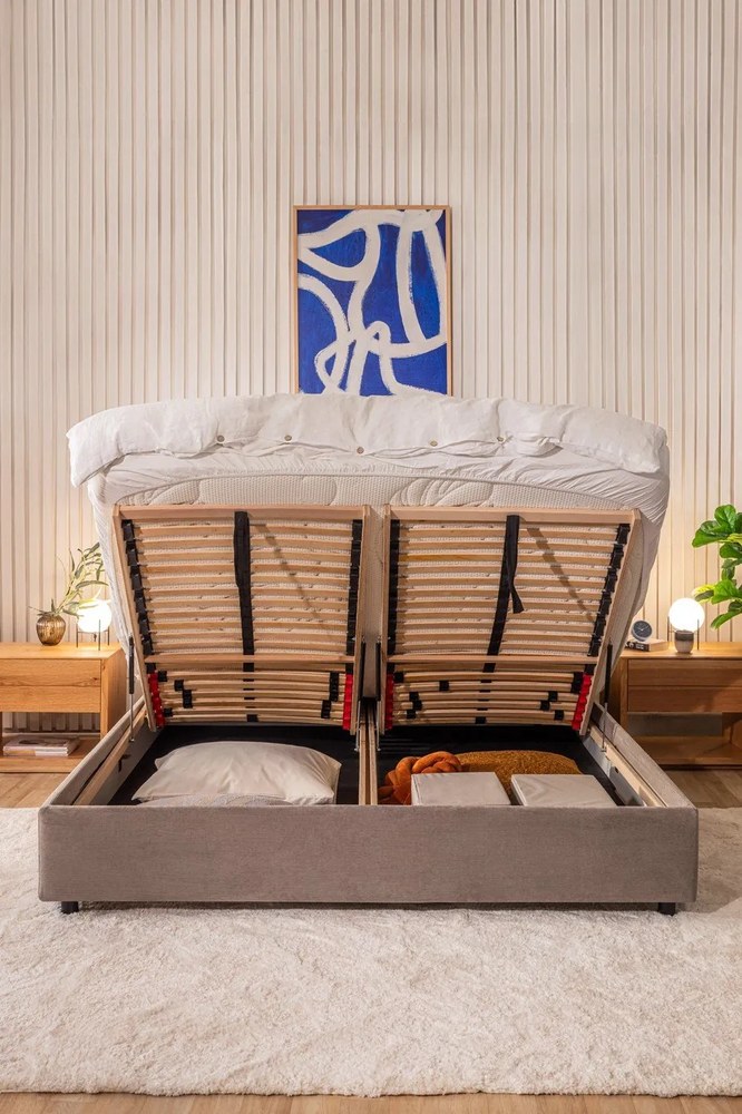 Letto matrimoniale imbottito grigio tortora con contenitore e rete inclusi 180x200 cm Myra Pillow – Bonami Selection