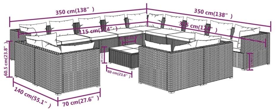 Set Divani da Giardino 14 pz con Cuscini in Polyrattan Grigio