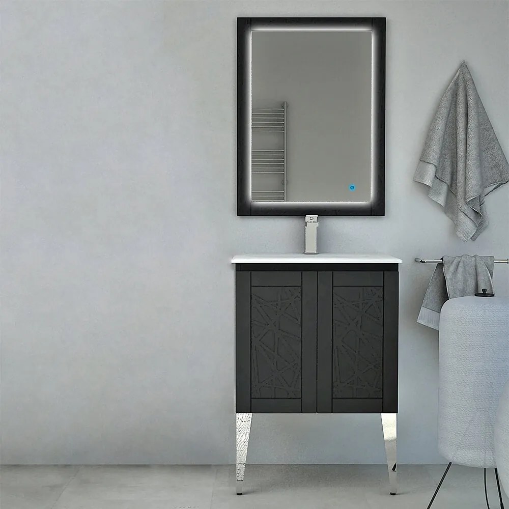 Mobile bagno finitura grafite a terra 60 cm con lavorazione a rilievo con specchio led touch