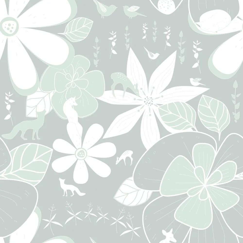 Carta da parati – Animali intorno ai fiori in verde