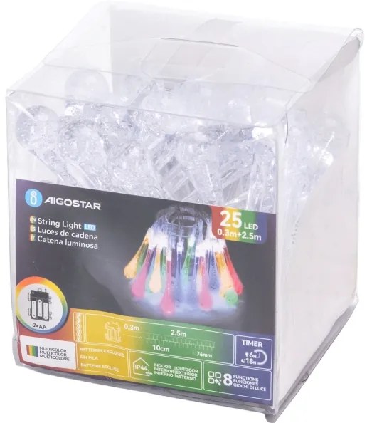 Aigostar - LED RGBY Catena luminosa per esterni 25 LED/8 funzioni 3xAA 2,5 m IP44 gocce