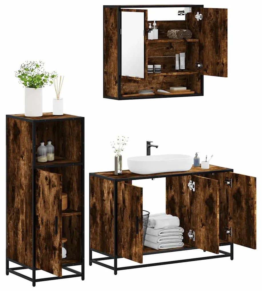 Set Mobili Da Bagno 3 Pz Rovere Fumo İn Legno Multistrato /