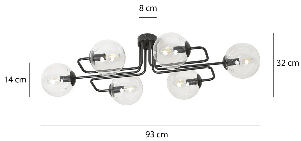 Plafoniera 6 Luci Brandi In Acciaio Nero E Sfere In Vetro Trasparente