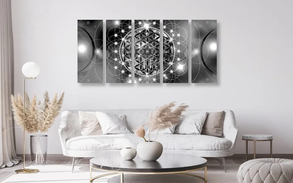 Quadri 5 pezzi – Mandala affascinante in bianco e nero