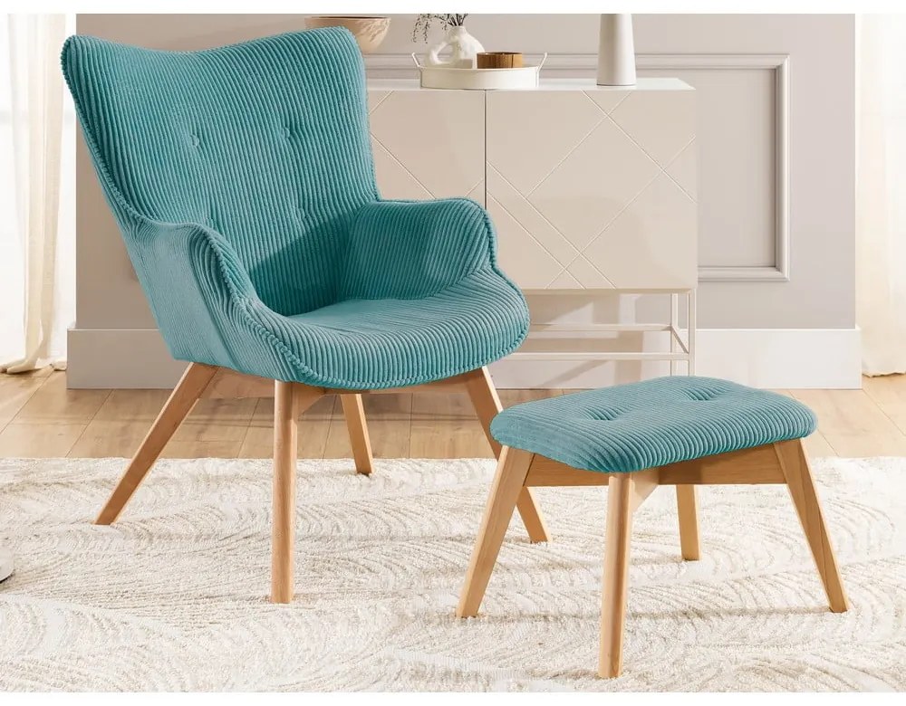 Poltrona con poggiapiedi turchese con rivestimento in velluto a coste Niko – Ropez