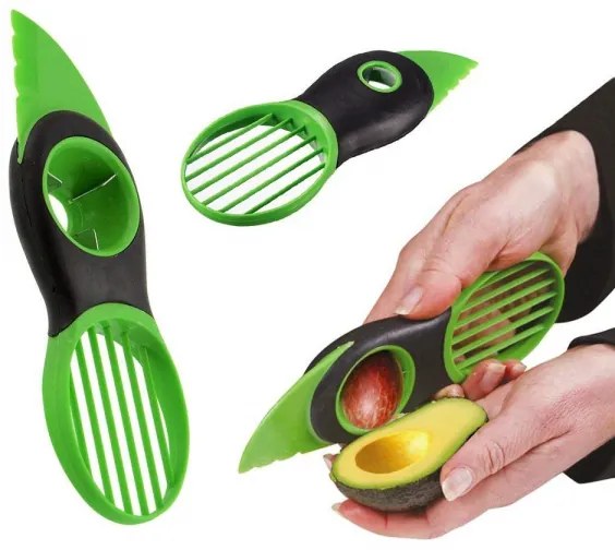 Trade Shop - 3in1 Coltello Taglia Affetta Avocado Rimuovi Nocciolo Manuale Fette Spicchi Plastica