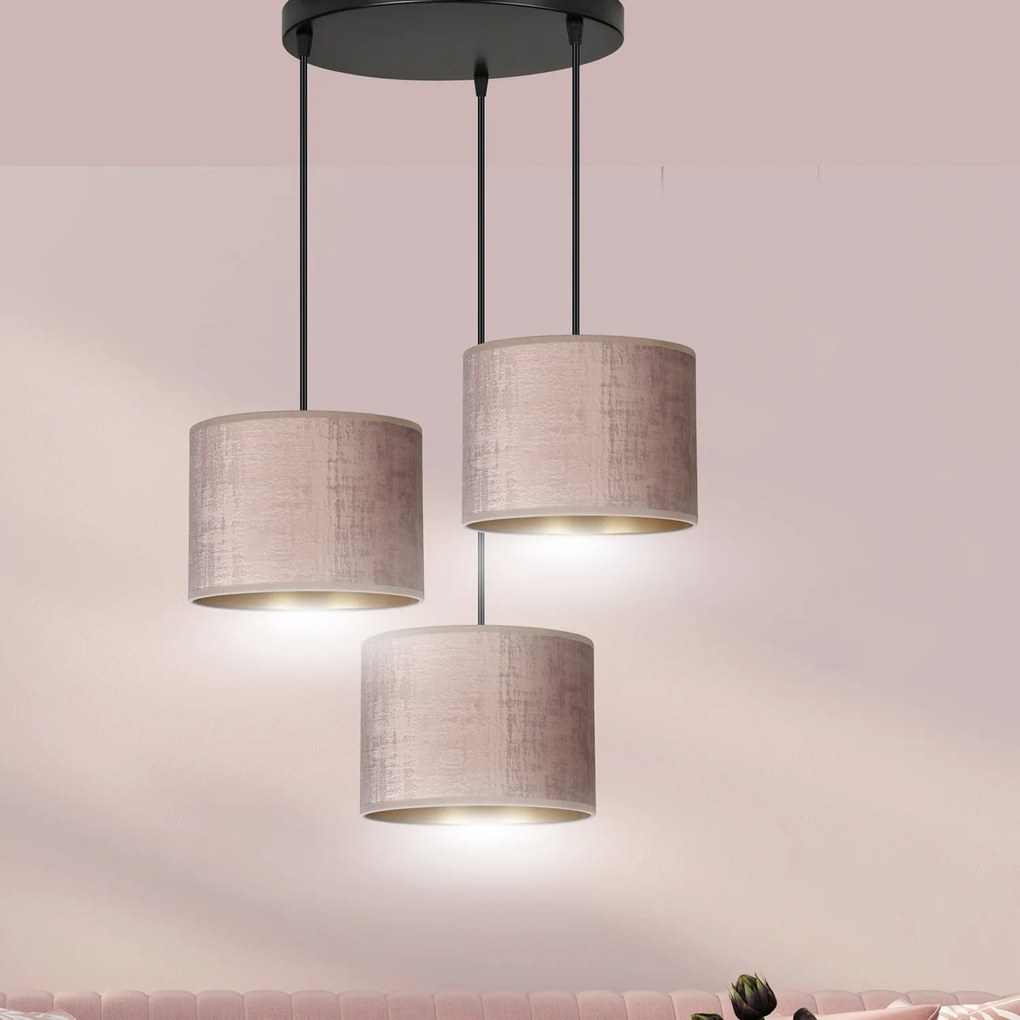 Lampadario Tondo 3 Luci Ganesha In Acciaio Nero E Paralumi In Tessuto Rosa