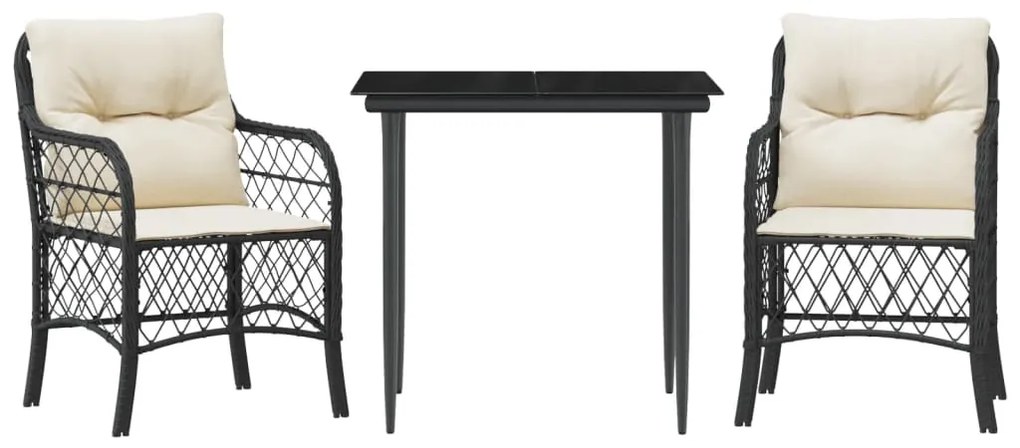 Set da bistrò 3 pz con cuscini nero in polyrattan