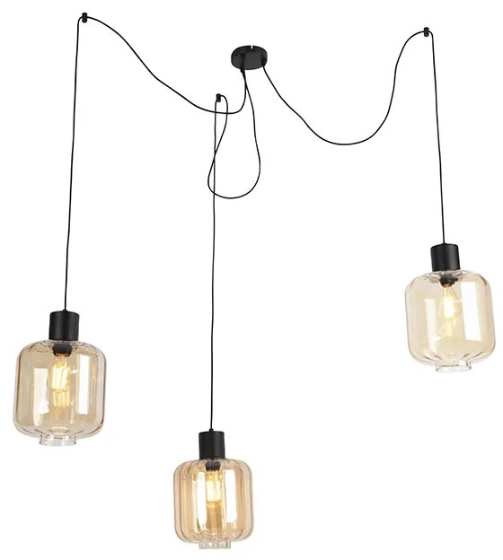 Lampada a sospensione di design nera con vetro ambrato 3 luci 226 cm - Qara