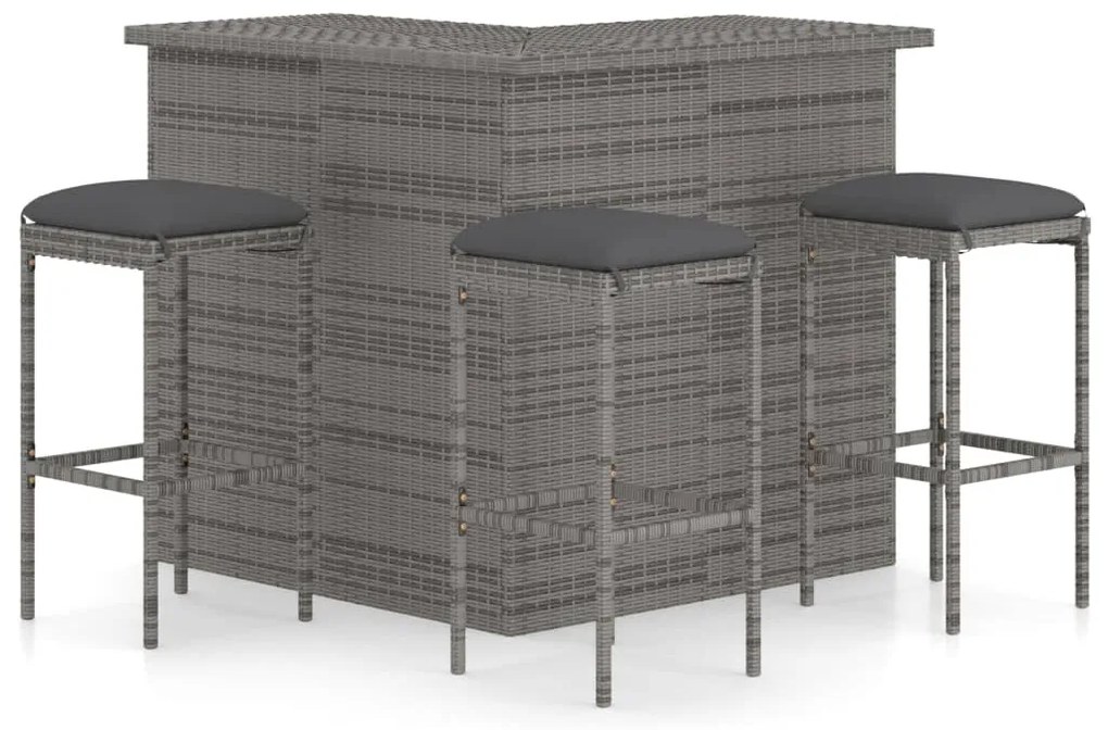 Set bar da giardino 4pz con cuscini in polyrattan grigio