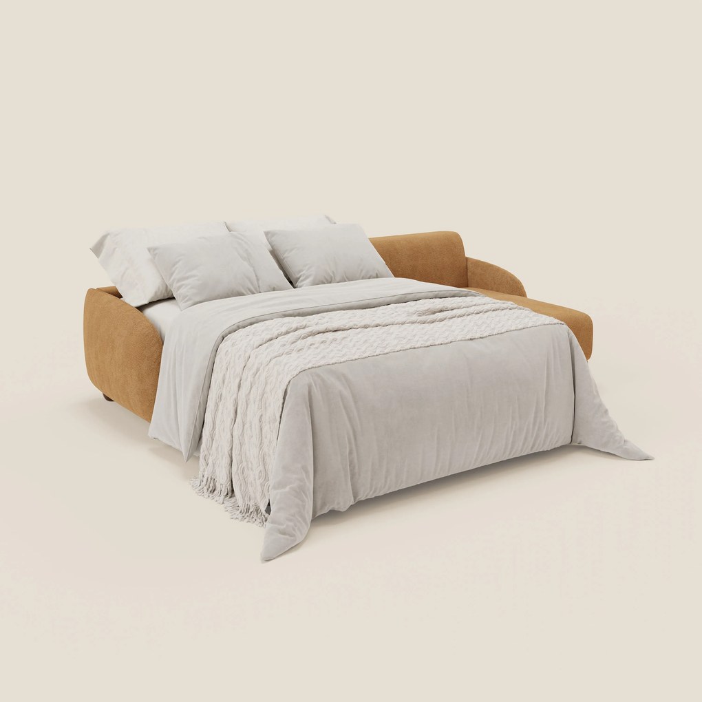 Giglio divano letto angolare con materasso alto 18 cm e penisola contenitore in morbido bouclé impermeabile T07 arancio