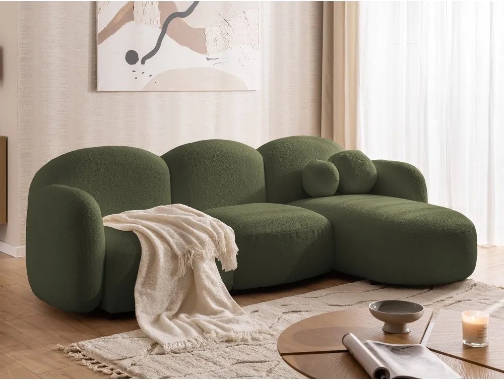 Divano angolare verde (con penisola a destra/con chaise lounge) con rivestimento in bouclé Orbit – Ropez
