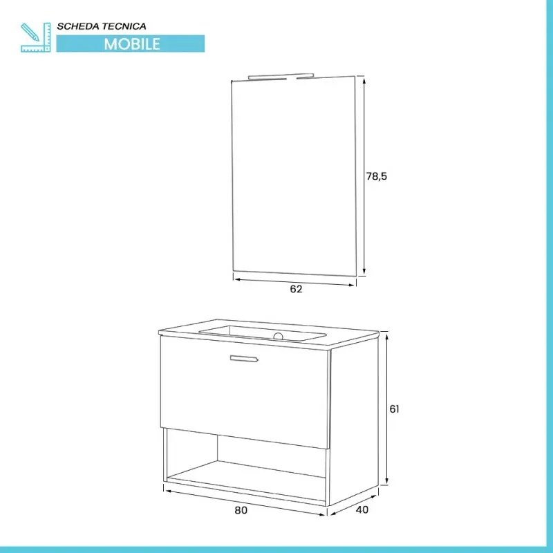 Mobile bagno sospeso 80 rovere tropea con lavabo e specchio LED Martha