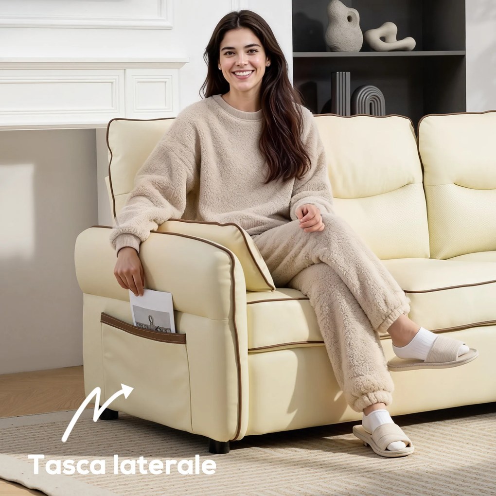 Divano 3 Posti 190x83x90 cm con Imbottitura Spessa Tasca Laterale e 2 Cuscini in Finta Pelle Beige...