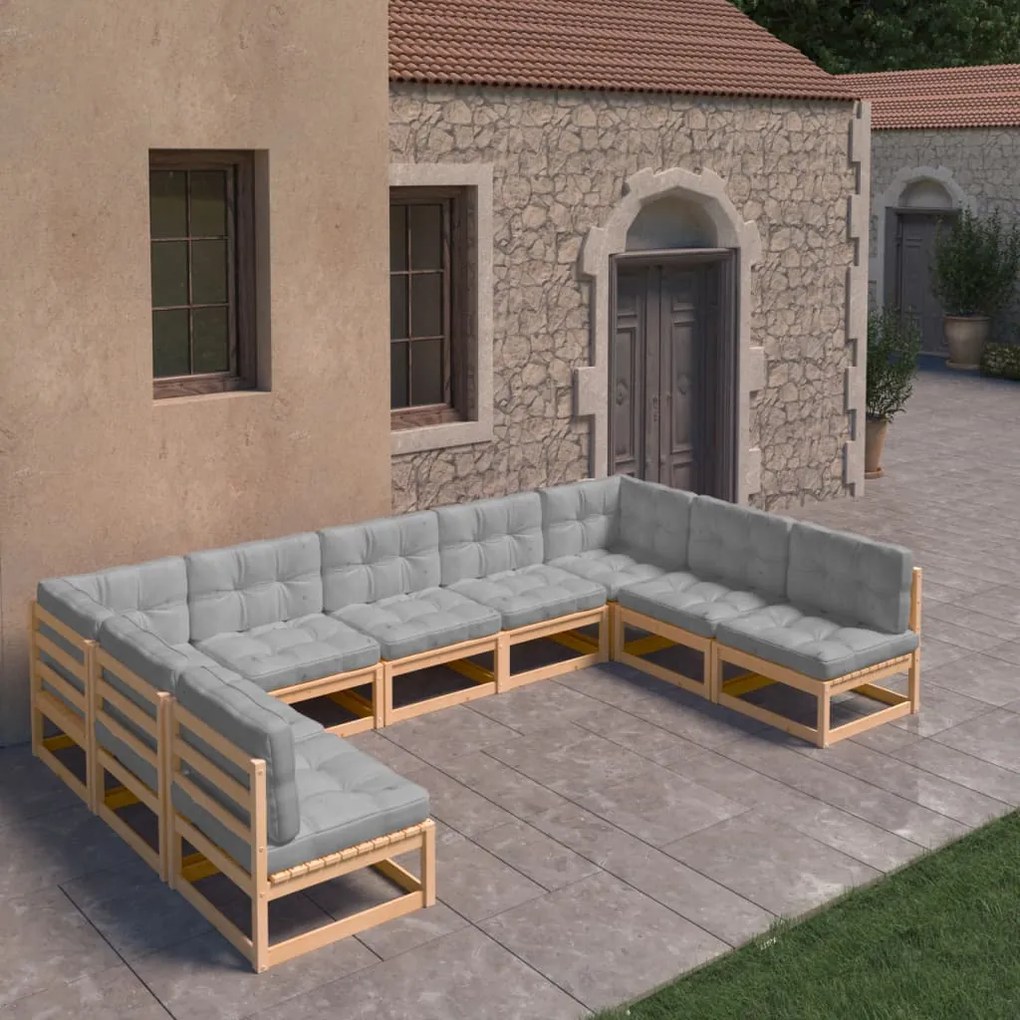 Set divani da giardino 9 pz con cuscini legno massello di pino