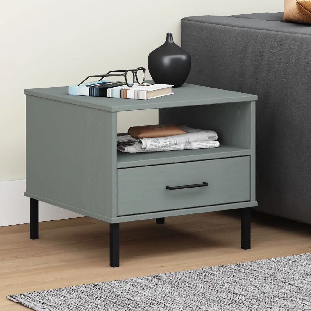 Comodino Con Gambe İn Metallo Grigio Legno Massello Pino Oslo /