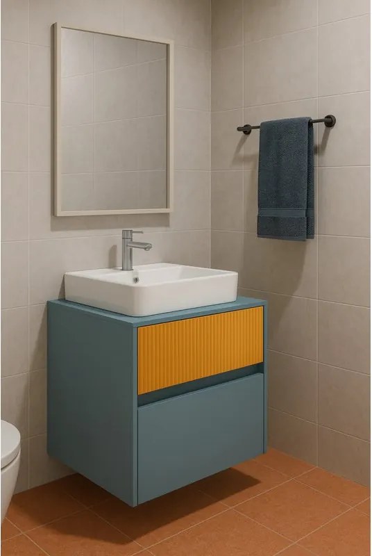 Mobile da bagno sospeso sotto lavabo Niwa 2 cassetti L 59.5 x H 50 x P 45.5 cm blu pacifico e senape cannettato