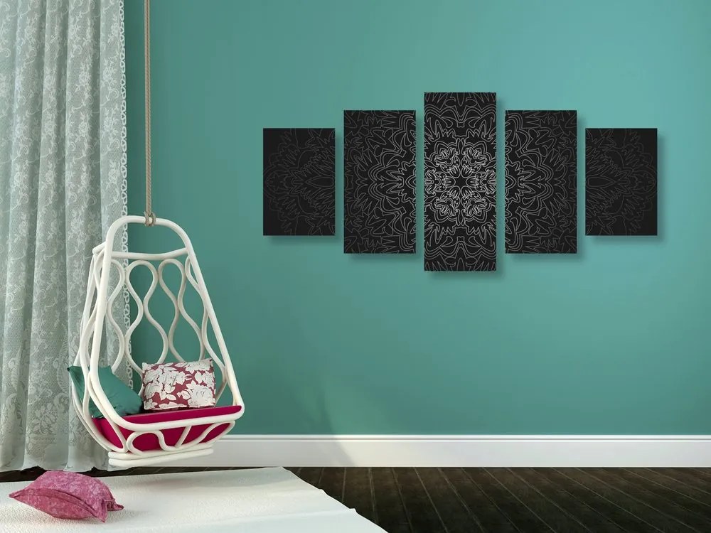Quadri 5 pezzi – Mandala ornamentale in bianco e nero