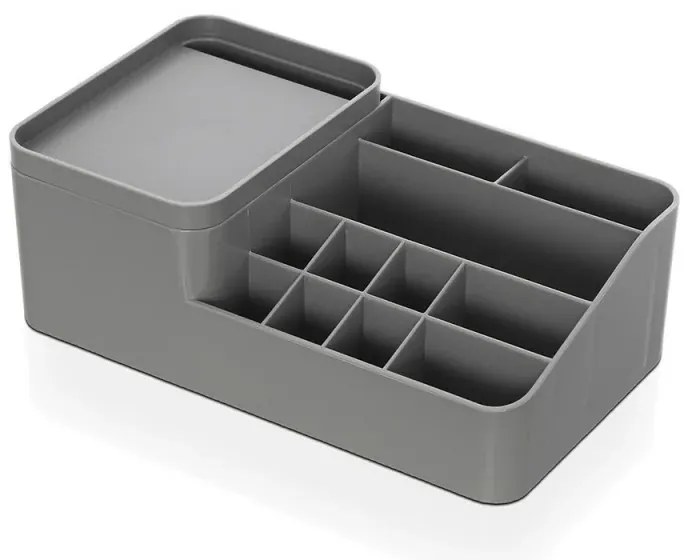 Organizzatore cosmetici e trucco grigio con box con coperchio e 11 scomparti