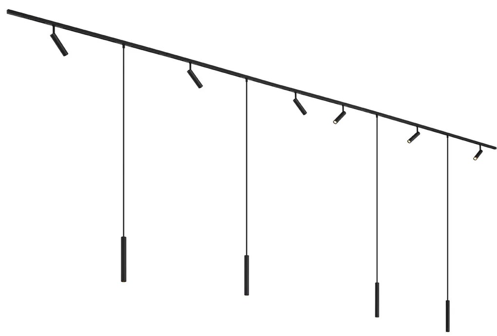 Sistema di illuminazione su binario moderno con 6 faretti e 4 luci a sospensione nere monofase - Slimline Uzzy Keno