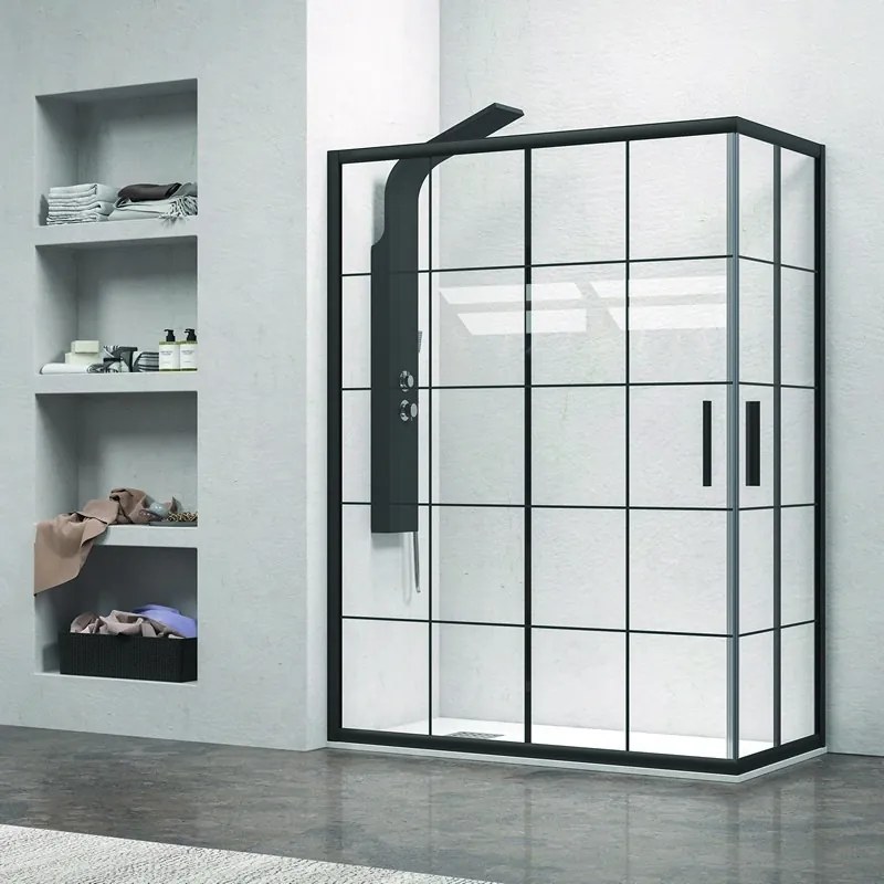 Box doccia 140x80 profili neri opachi vetro a quadrati neri NICO-B1000 - KAMALU