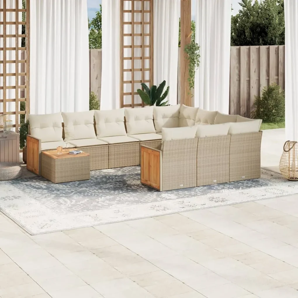 Set divani da giardino 11 pz con cuscini beige in polyrattan