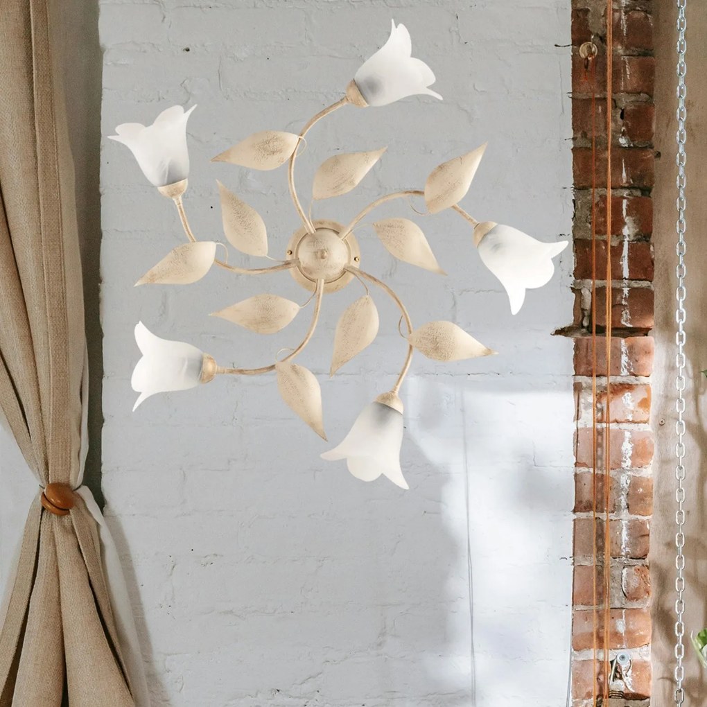 Plafoniera 5 Luci Olga Avorio e Oro Ferro Battuto Vetro BeLight