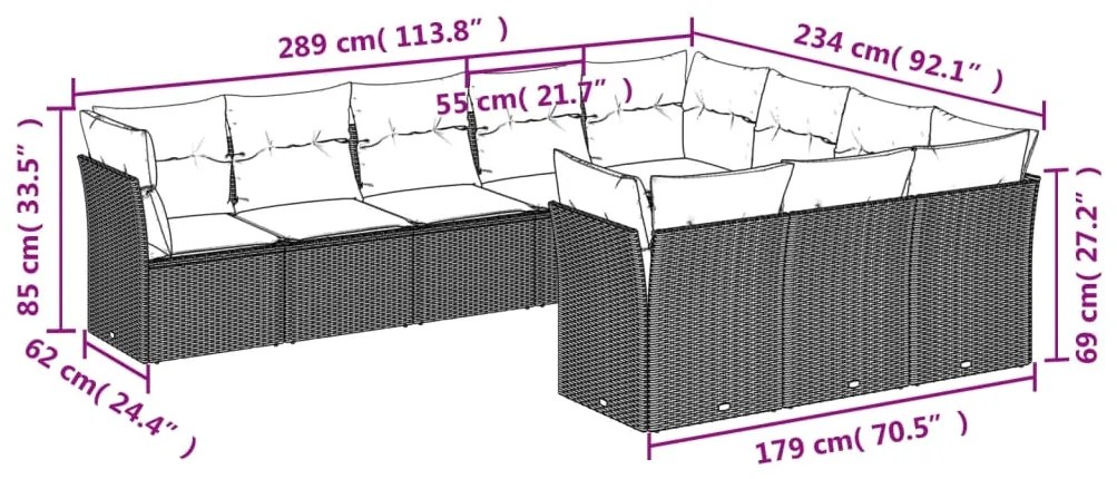 Set divano giardino 10 pz con cuscini grigio chiaro polyrattan