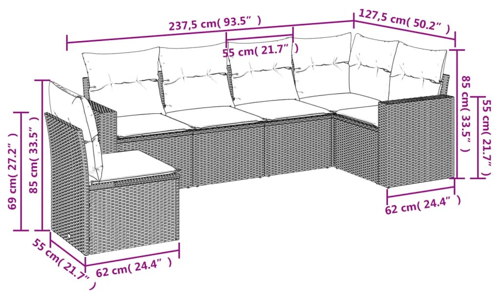 Set Divano da Giardino 6 pz con Cuscini Grigio in Polyrattan