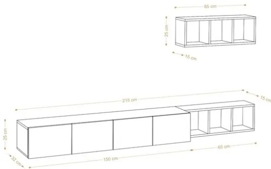 Mobile Porta TV Sospeso 215 Cm Bianco Con Mensole Effetto Legno Pia