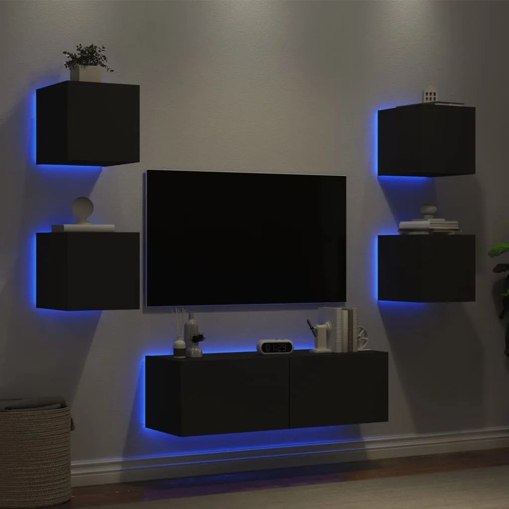 Mobili tv a muro 5pz con luci led neri