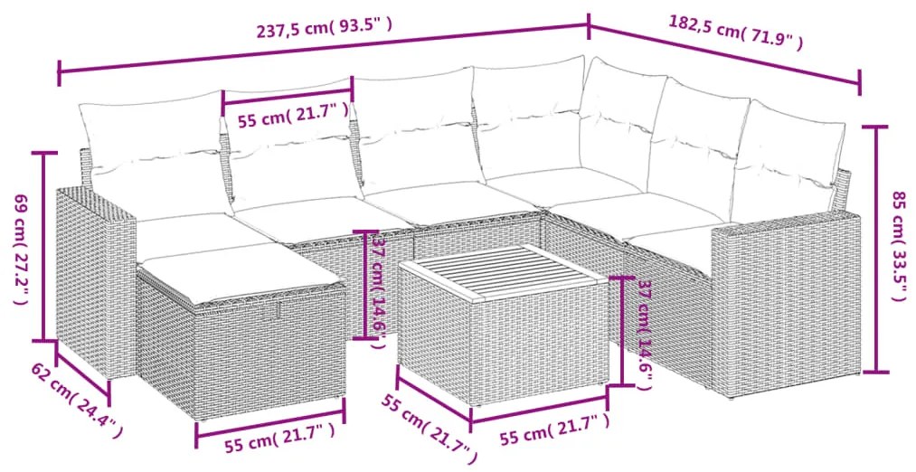 Set divani da giardino con cuscini 8 pz nero in polyrattan