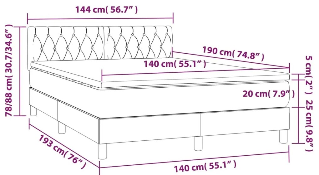 Letto a Molle con Materasso e LED Crema 140x190 cm in Tessuto