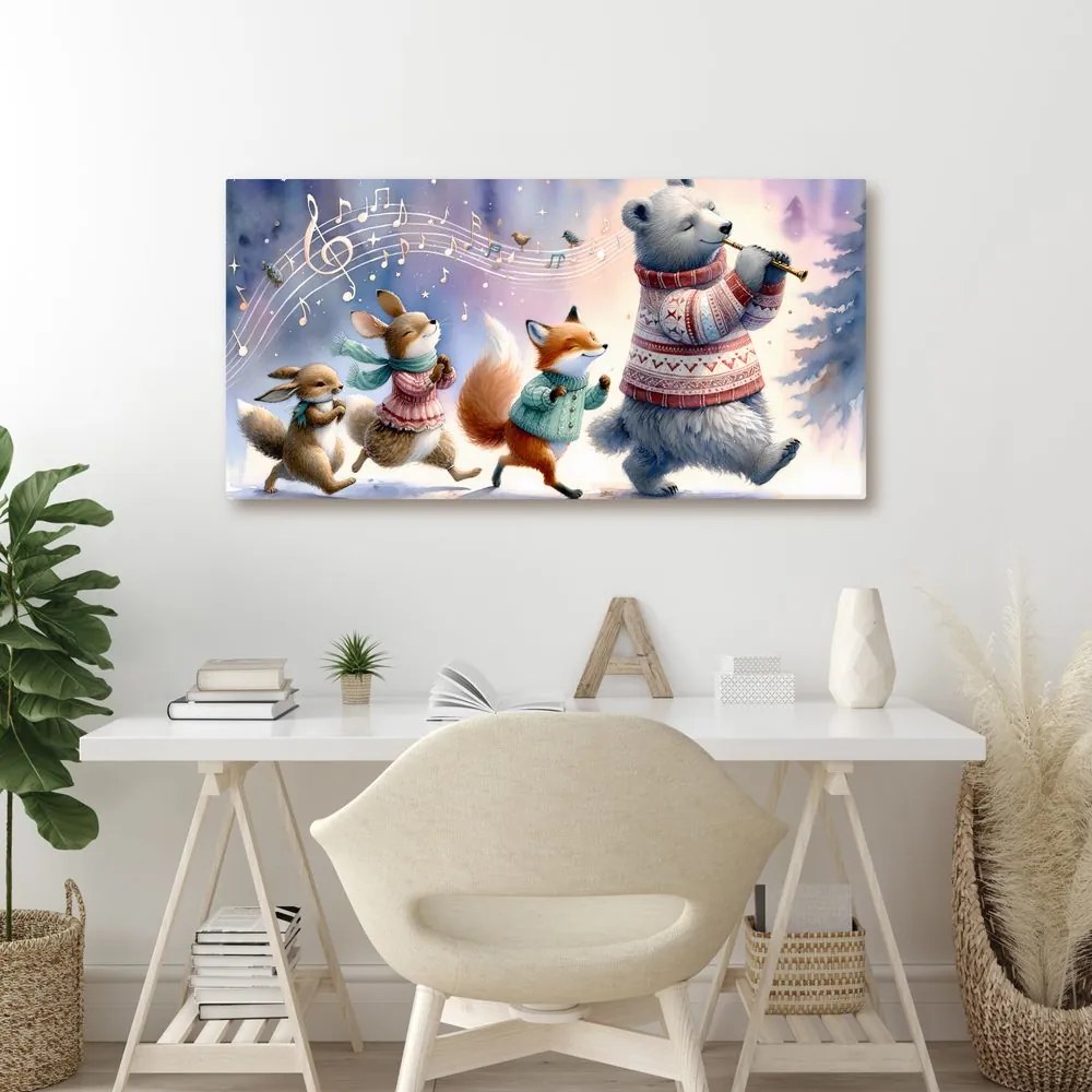 Quadro su tela – Parata invernale di animali con melodia