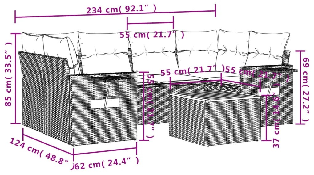 Set divani da giardino con cuscini 7pz nero polyrattan