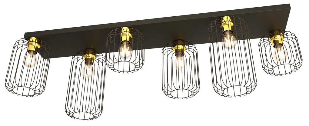 Plafonriera Minimal Industrial Vulcano 6 Luci Lineari Nera E Oro
