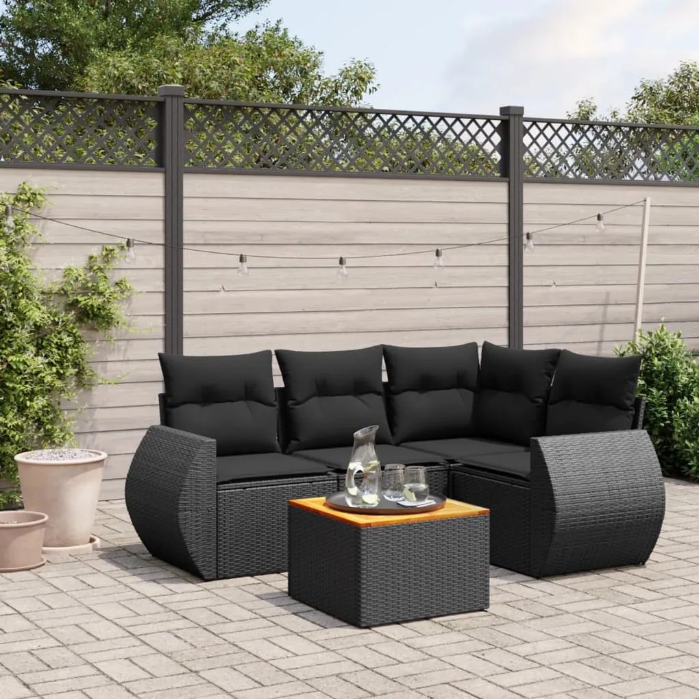 Set divani da giardino 5 pz con cuscini in polyrattan nero