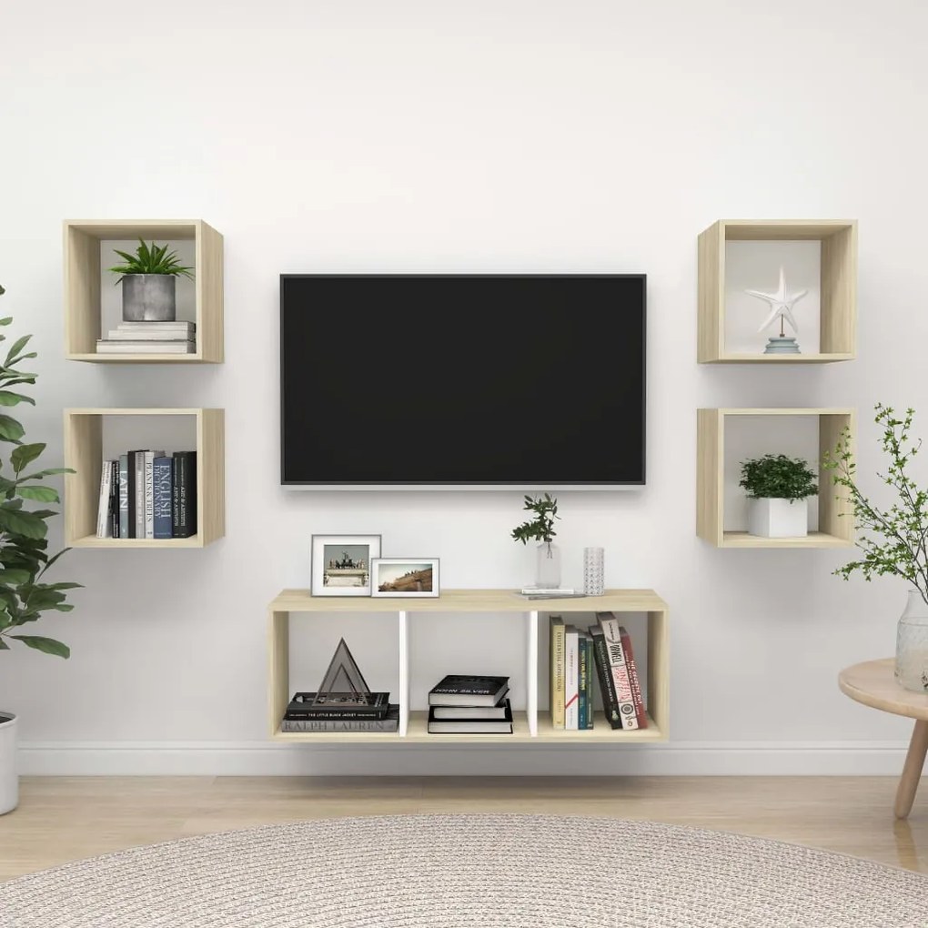 Set Mobili Tv 5 Pz Bianco E Rovere Sonoma İn Legno Multistrato /