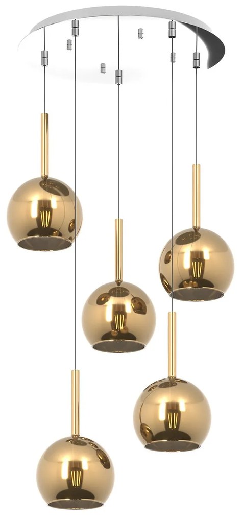 Lampadario Contemporaneo Future Metallo Cromo Vetro Oro 5 Luci E27